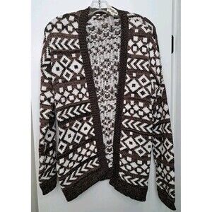 Olive and Oak Open Front Cardigan Sweater Brown and White Geometric Size Small
